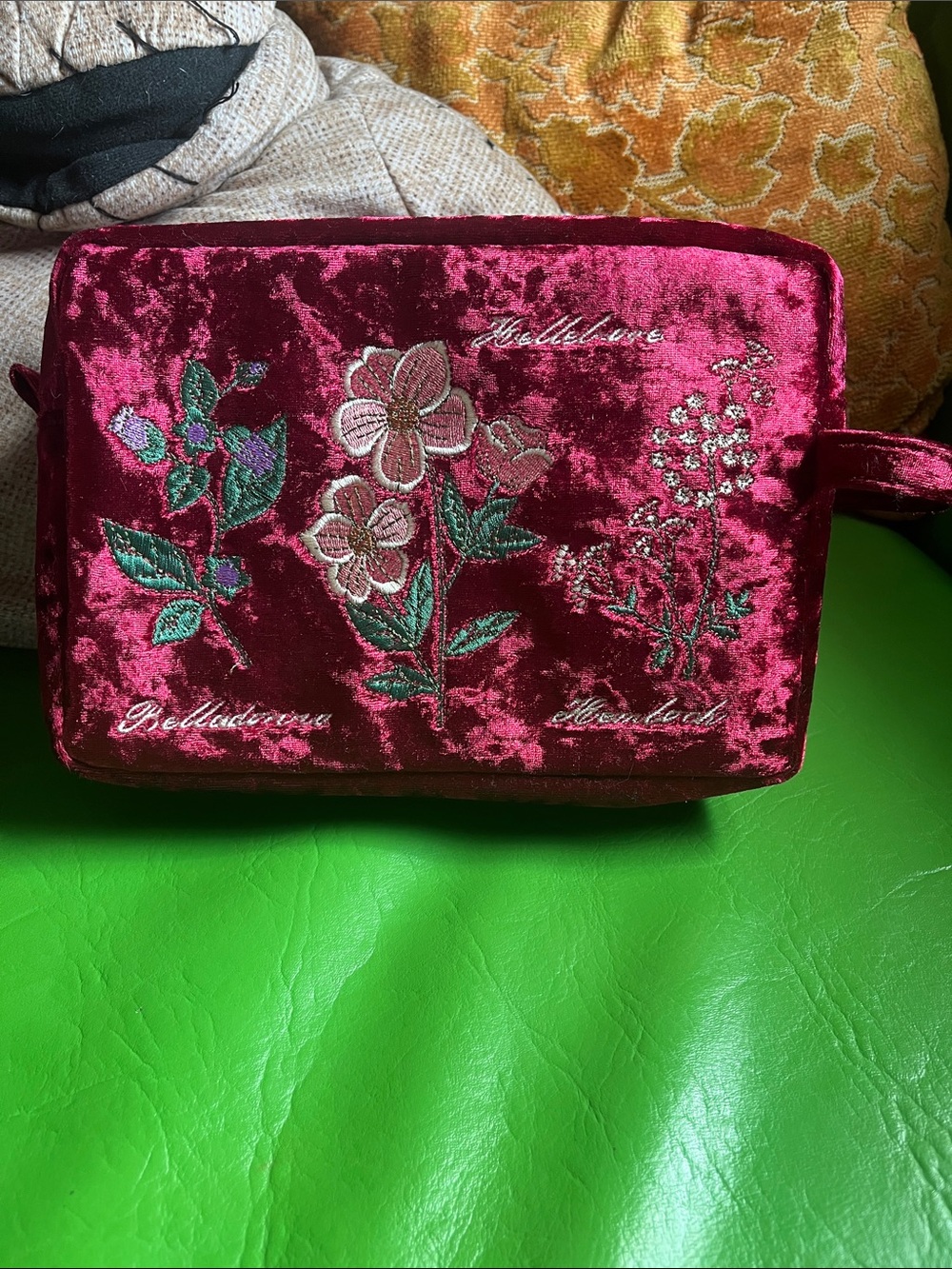 Witchy Goth burgundy red velvet baneful botany makeup cosmetic bag